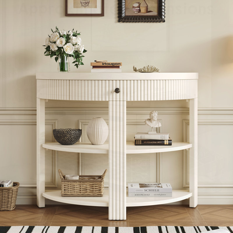 Console cannelée demi-lune avec tiroir et 2 tablettes pour le hall d'entrée, le salon et le couloir, Crème, Crème, Crème