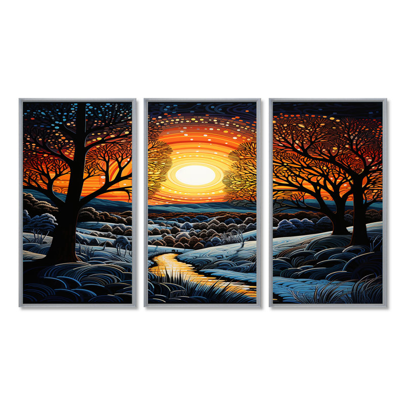 Coucher de soleil dans la forêt d'hiver de Noël - ensemble de décoration murale paysage abstrait, Encadrement argenté