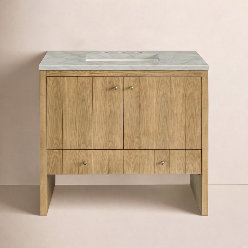 Hudson 36'' Single Bathroom Vanity with Top, Victorian Silver, 8" Widespread, Light Natural Oak