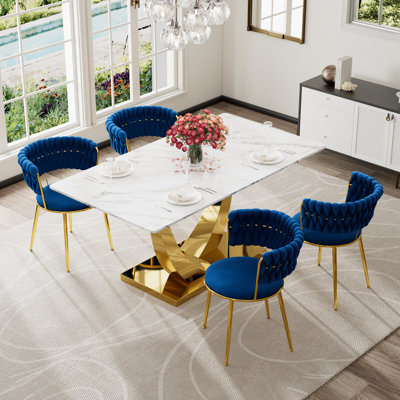 Rectangular Pedestal Dining Set with Modern Weaven Velvet Dininig Chair by Mercer41