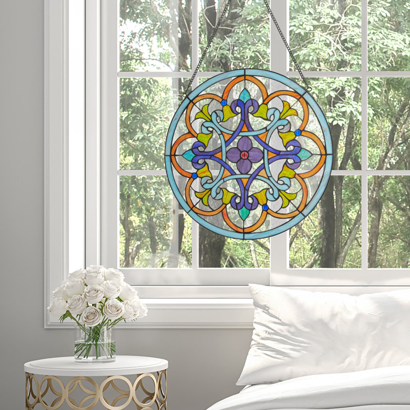 Panneau de vitrail rond en verre coloré multicolore H 20,5 po