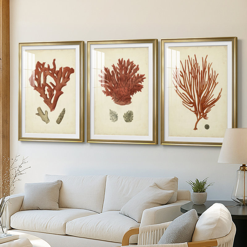 Corail rouge antique II - reproduction encadrée sur mesure de qualité supérieure mate - 3 pièces, H 21 po x l 30 po