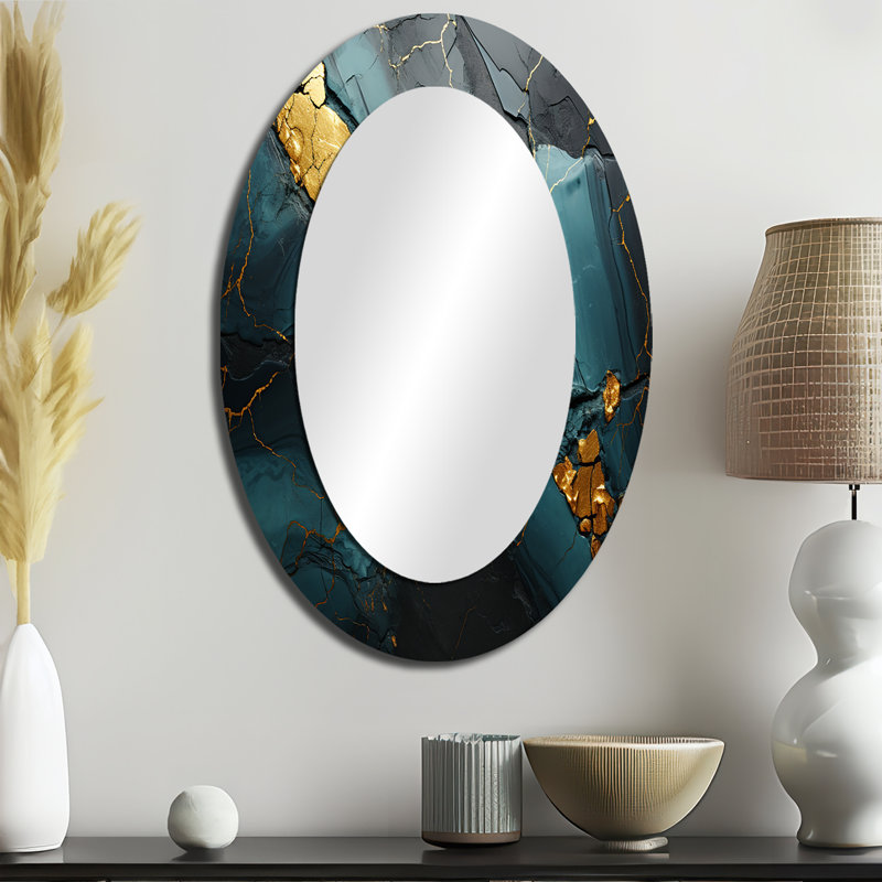 Gold And Green Abstract Marble Aura VII - Modern Oval Wall Mirror, 36" x 24"
