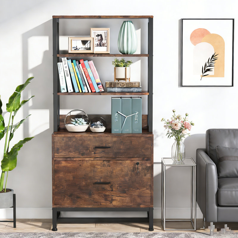 2 Drawers Tall File Cabinet with Shleves, Brown