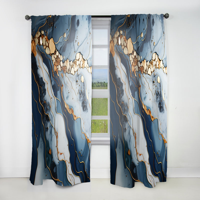 Rovel Gold And Blue Geode Art II - Liquid ink Curtain - Velvet Room Darkening - 1 panel, 52" W x 120" L