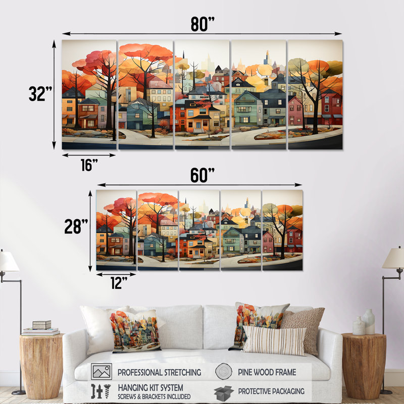 «Autumn Vintage Orange Village - New York», ensemble de 5 pièces d'art mural, H 28 po x l 60 po