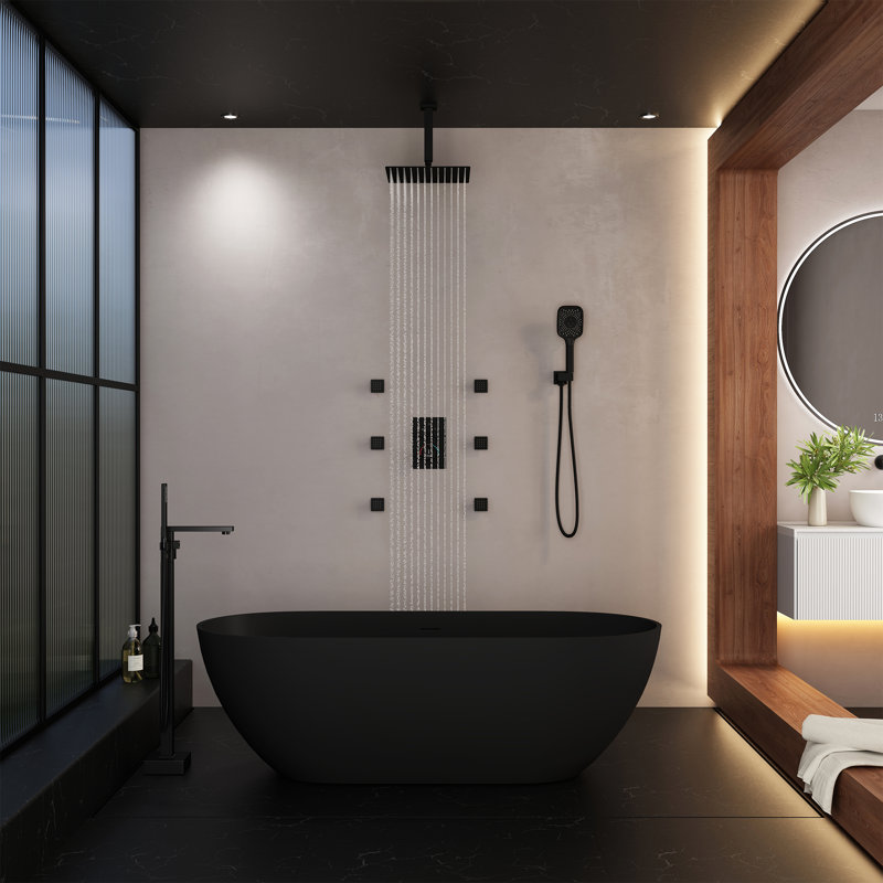 Revitalize 3-Function 12 Inch Ceiling Mount Rainfall Thermostatic Shower System with 6 Body Jets, Matte Black