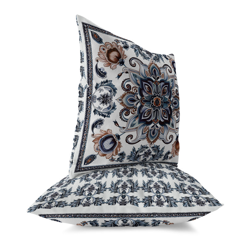 Coussin Leafy Bouquet, H 20 po x l 20 po, Bleu / Orange