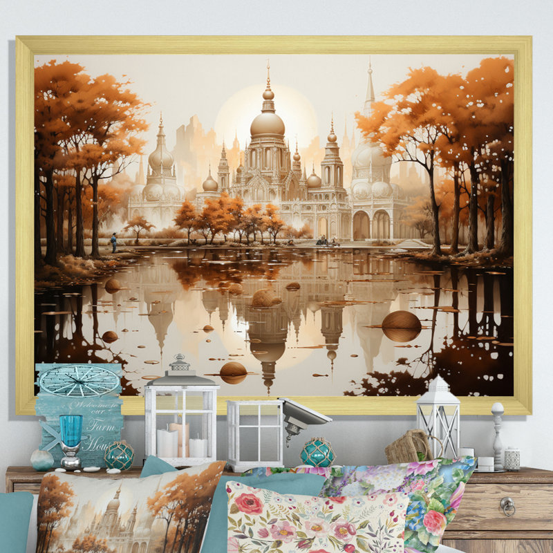 Hinduisim Art Temple Reflections III - Spiritual Wall Decor, H 12 po x l 20 po x P 1 po, Encadrement doré