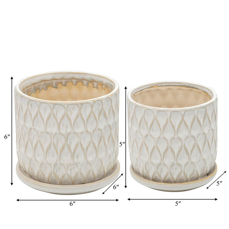 Neutral Textured Ceramic Saucer Planters Set of 2, White