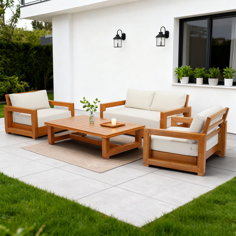 Ensemble de sofas de conversation pour patio en bois massif, Beige