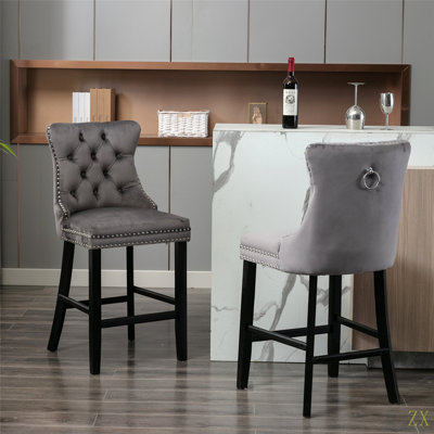 Contemporary Velvet Upholstered Barstools With Button Tufted Decoration And Wooden Legs,Nailhead Trim, Leisure Style Bar Chairs,Bar Stools, Set Of 2