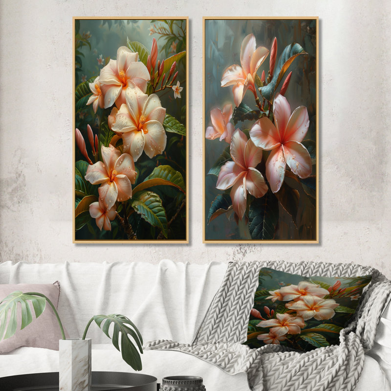 Ensemble de 2 pièces d'art mural roses et blanches tropicales Plumeria I, H 28 po x l 24 po, Impression encadrée, Érable
