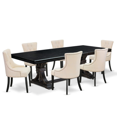 L'ensemble de salle à manger 7 pièces se compose d'une table de salle à manger et de 6 chaises modernes en tissu de lin beige clair et de pieds noirs avec dossier capitonné - finition noir sablé.