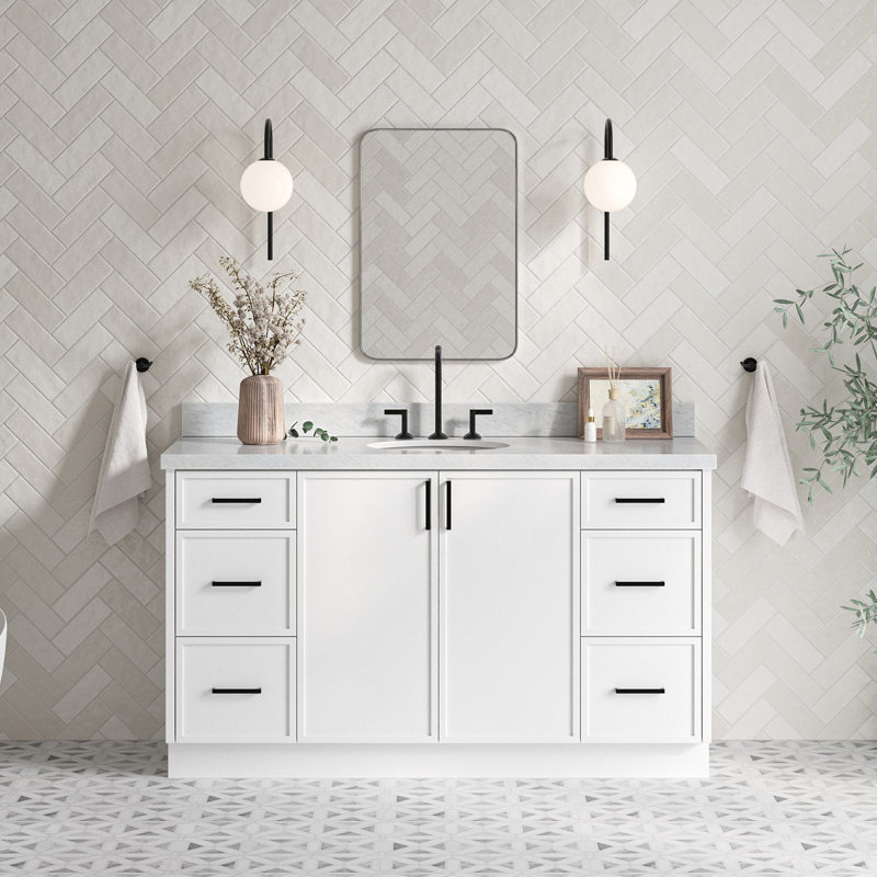 ARIEL Kellie 49 Single Sink Bathroom Vanity with Italian Carrara Marble Top, White, 61"
