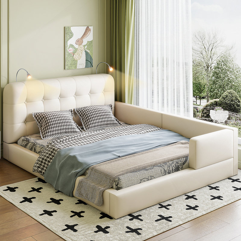 Grand lit plateforme tapissier avec 2 lampes de lecture , Blanc