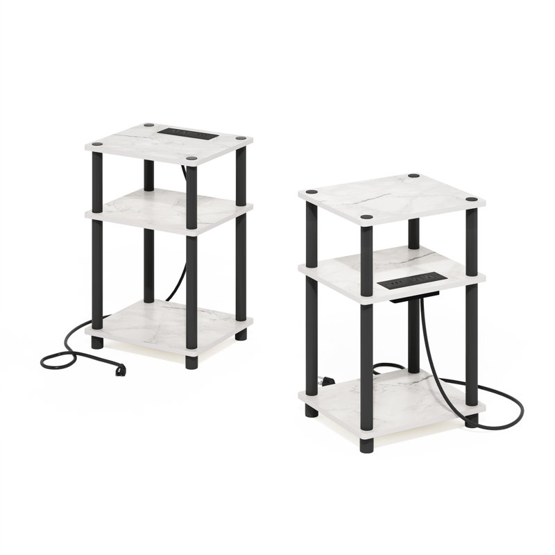 Ensemble de 2 tables d'appoint Ballwin, table de chevet à 3 niveaux avec station de charge, tablette ouverte, port de charge USB et de type C, pour salon ou chambre, fini marbre blanc.