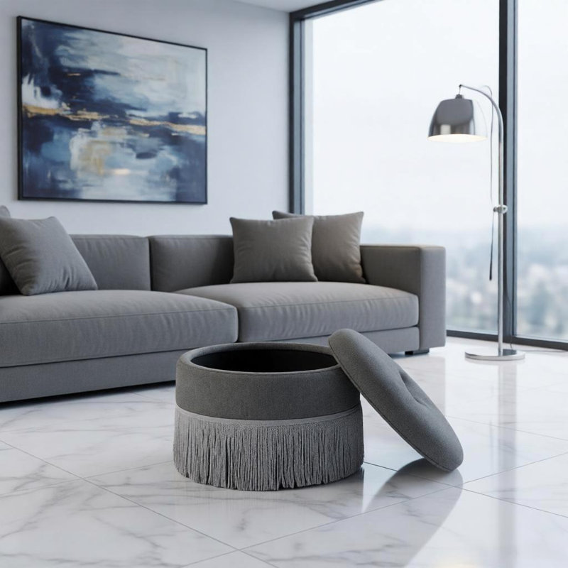 Pouf de rangement rond rembourré de 23,23 pouces avec franges, Gray