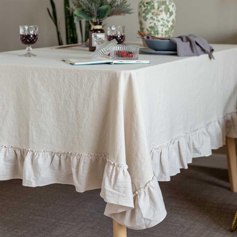 Lory Season Retro Farmhouse Ruffle Tablecloth Cotton Flounces Trim Washable Table Cover Tablecloths For Rectangle Table Baby Shower Kitchen Party Wedding Decor,White,