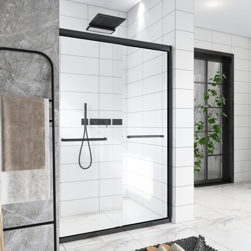 44-48" W × 72" H Double Sliding Aluminum Frame With Tempered Glass And Stainless Steel Handle Shower Door, Matte Black