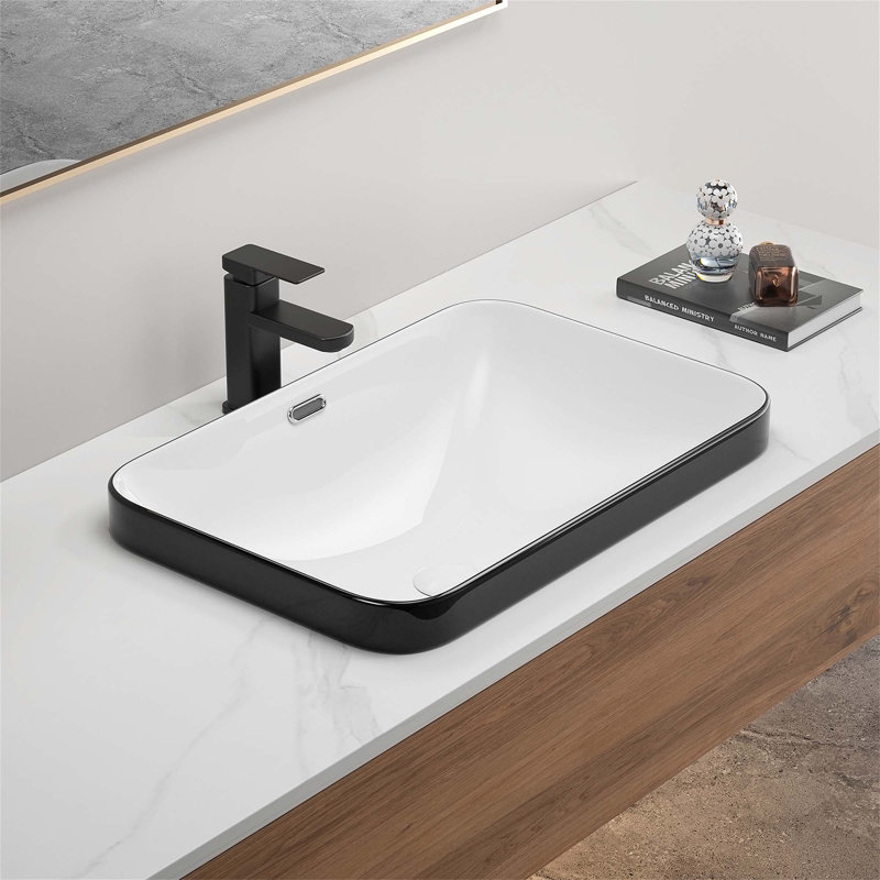 Ceramic Round Above-Counter Bathroom Sink With Elegant Black And White Patterns, Easy To Clean And Durable, Black/White