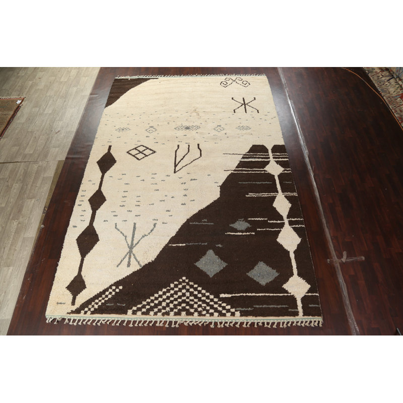 Tapis ivoire en laine noué à la main de conception unique 9 pi 10 po x 14 pi 8 po