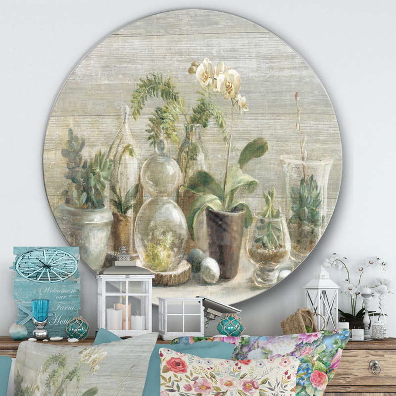 « composition de orchidées », reproduction d’art sur cercle métallique, H 11 po x l 11 po