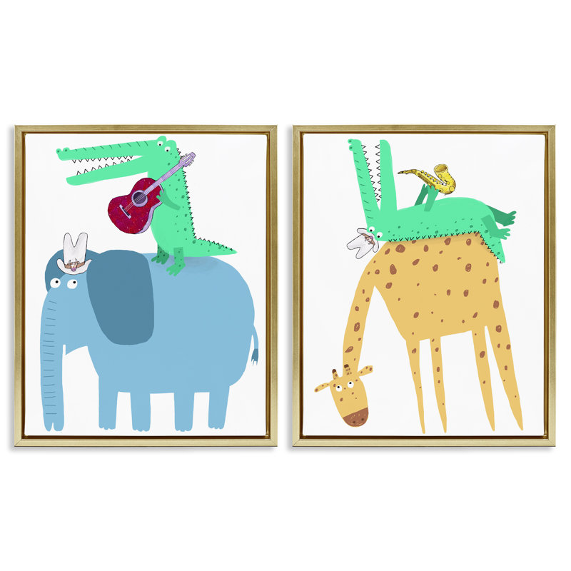 Éléphant et alligator avec guitare acoustique, ensemble de 2 toiles flottantes encadrées, design par Carla Daly