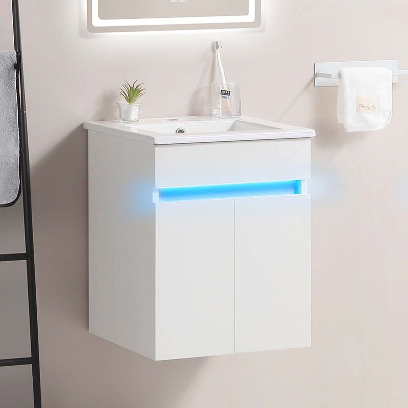 Meuble-lavabo de salle de bain avec lavabo, lumière à détection de radars et grand espace de rangement