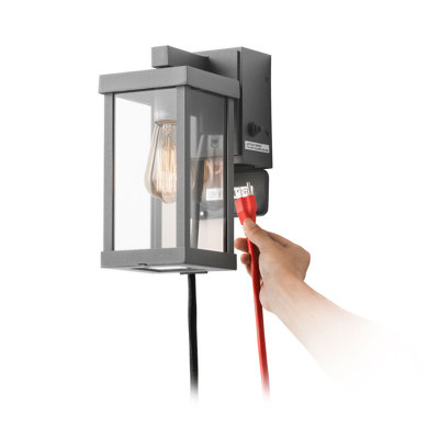 Classic 11.1'' H 1-Light Outdoor Wall Sconce with Built-in GFCI Outlet, Gray Rectangular Metal Frame with Clear Glass Shade, Weatherproof