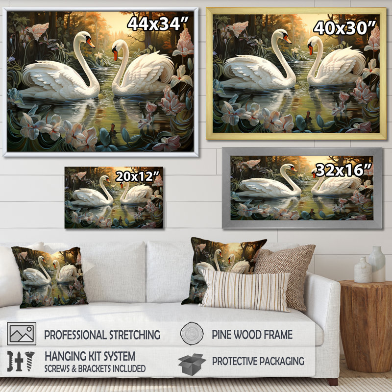 Cygnes et amour éternel sur toile, Toile tendue, H 24 po x l 32 po x P 1 po
