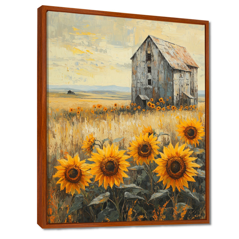 «Dotsy Sunflowers By The Grain Elevator», art mural tournesols, H 32 po x l 24 po, Reproduction avec cadre flottant, Brun