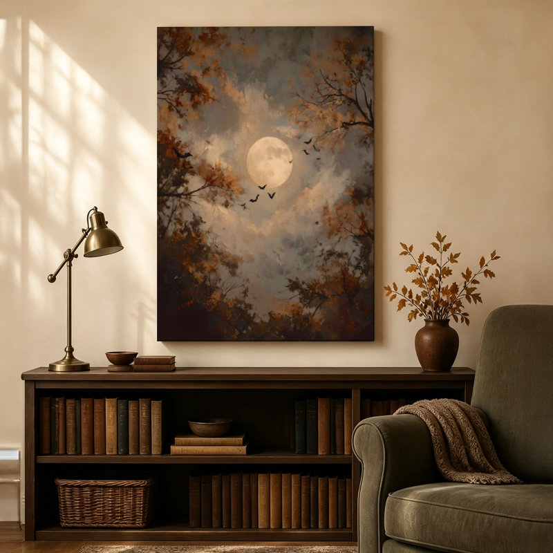 Tableau sur toile tendue « Pleine lune, arbres d'automne et chauves-souris », 61 x 91 cm, prêt à accrocher