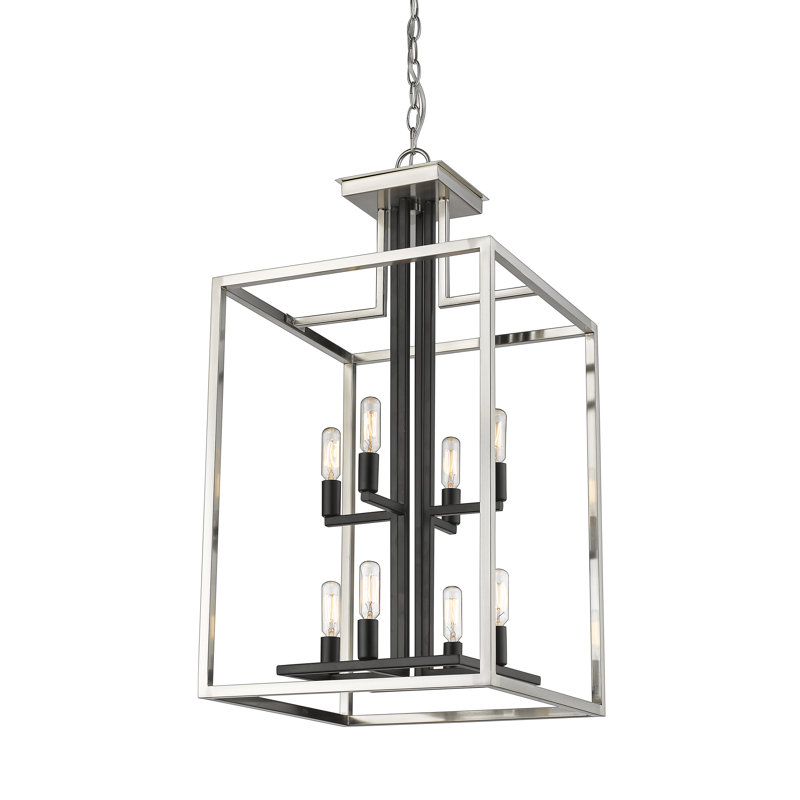 Lustre rectangulaire lanterne 8 lumières Bedsworth, Nickel brossé / noir
