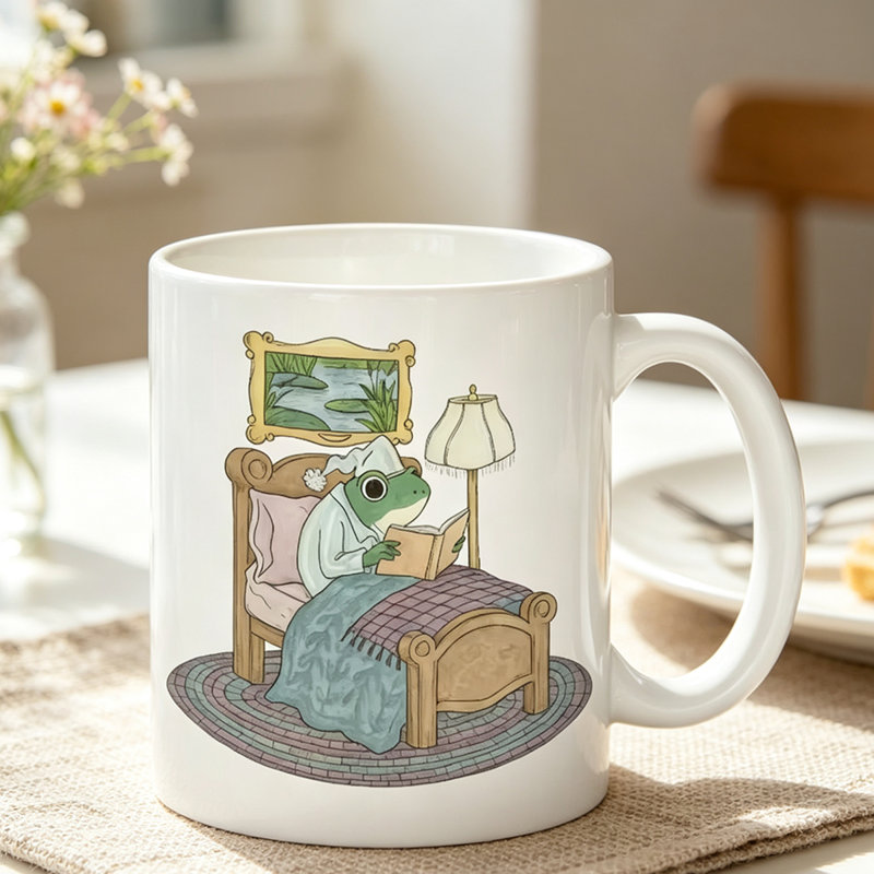 A Comfortable Bedroom Setting Featuring a Frog in Attire on a Ceramic Coffee Mug, Perfect for Tea, Milk.