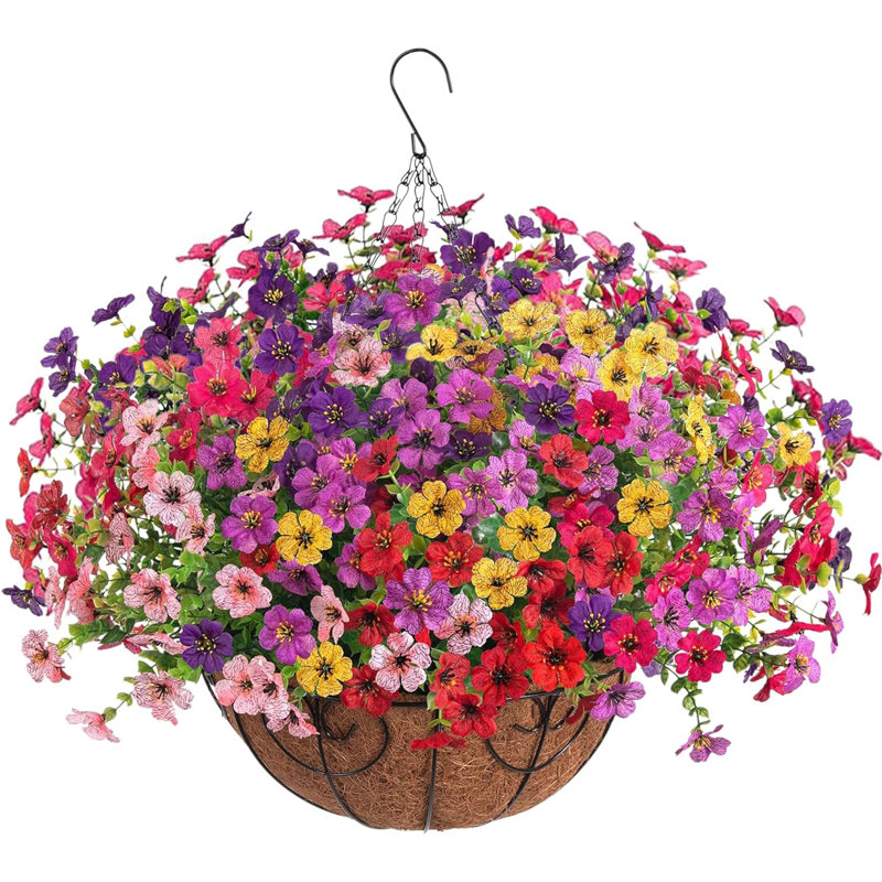 Artificial Faux Hanging Plants Flowers Basket for Summer Outdoor Outside Decoration, Multicolor