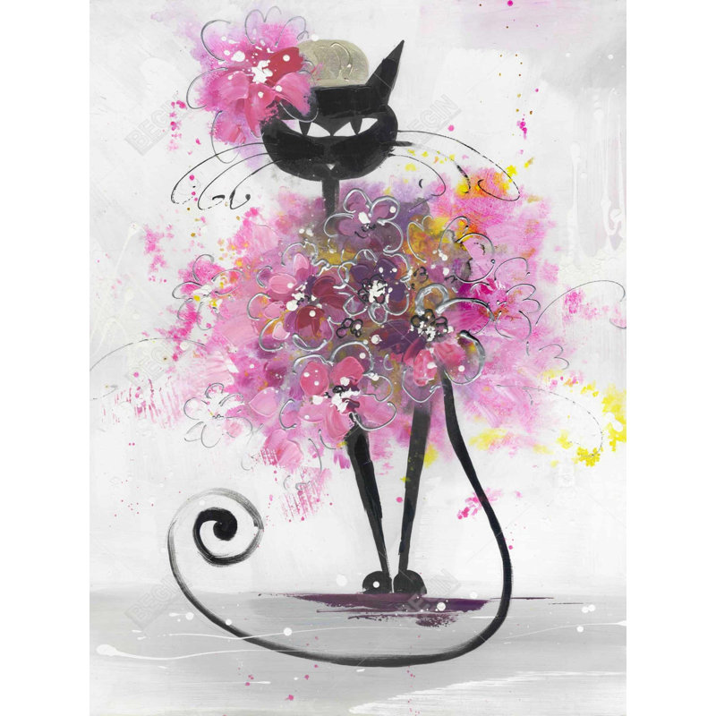 Caricature d'un chat avec des fleurs roses | Art sur toile de salon