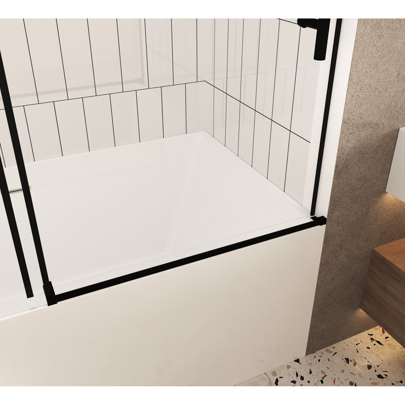 Porte de douche de 60 po de largeur, l 56 po, verre trempé transparent de 6 mm, pellicule résistante, poignée en acier inoxydable rouille, noir mat, protection contre les bris de salle de bain propre et bien rangée