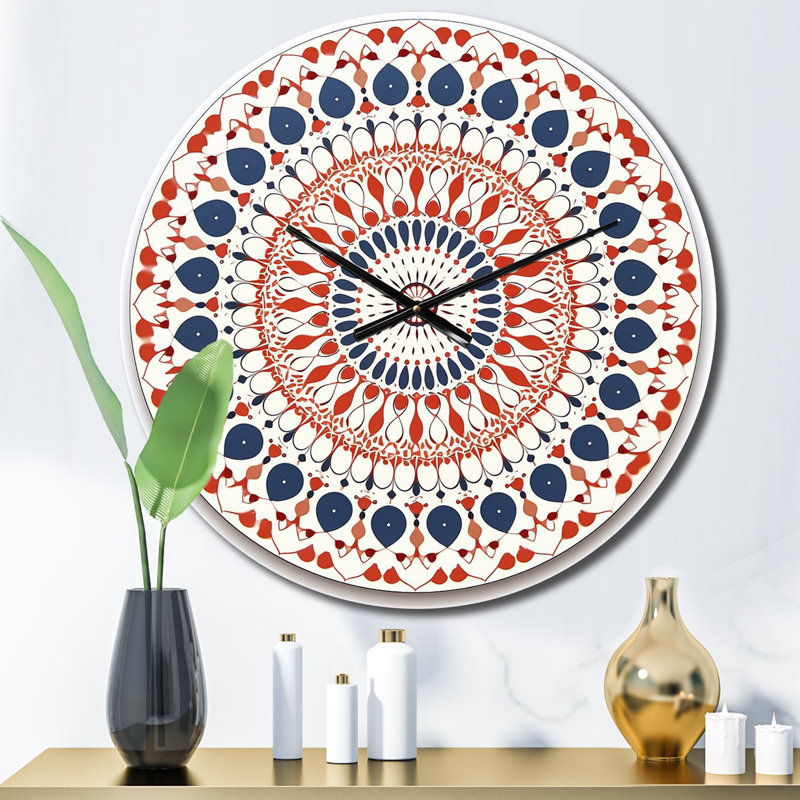 Horloge murale boho mandala rétro en métal bleu et orange III, Moyenne