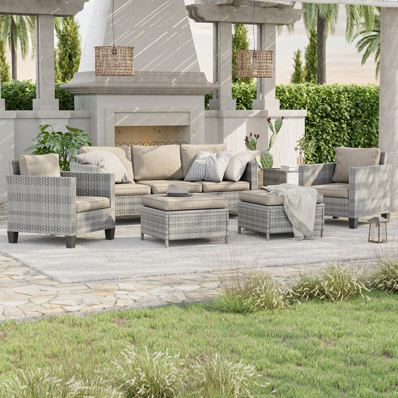 Patio Outdoor Furniture Set Rattan Coversation Seating Set Thickening Cushions With 3-Seater, Ottomans for Lawn, Poolside