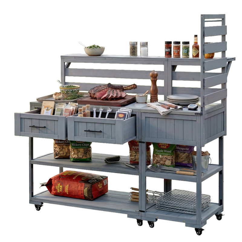 Chariot de cuisine en bois massif pour îlot de cuisine 62,3 po avec plateau en acier inoxydable, banc de jardin avec tablette surélevée et tiroirs, table de préparation pour barbecue, fête, brun