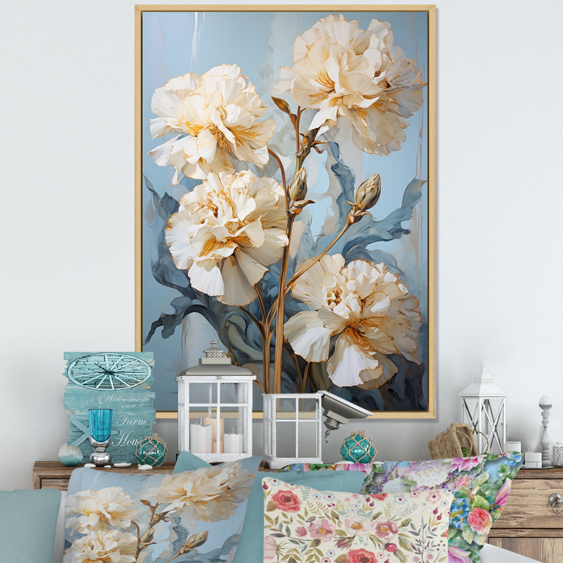 Œillets beiges sur bleu V sur toile, H 20 po x l 12 po x P 1 po, Cadre naturel flottant