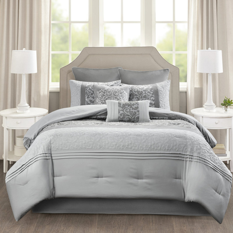 8 Piece Comforter For Queen Grey Bed, Elegant Embroidery, , Machine Wash Option Embroidered Color, , Fluffable After Packaging