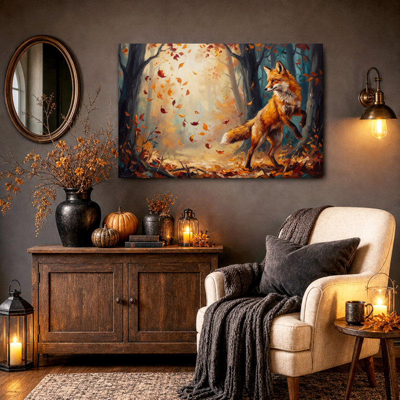 Renard roux debout dans une forêt d'automne avec des feuilles d'Halloween tombantes - Toile murale, 36"H x 48"W