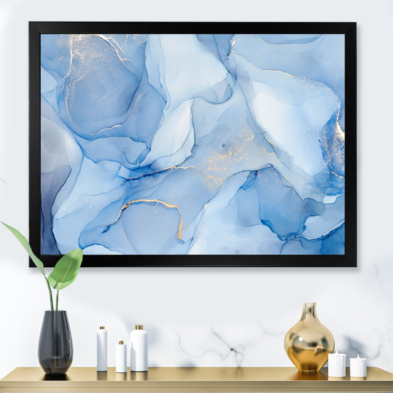 Encre liquide dans des tons de bleu clair I - Peinture sur toile, H 30 po x l 40 po x P 1,5 po, Cadre noir
