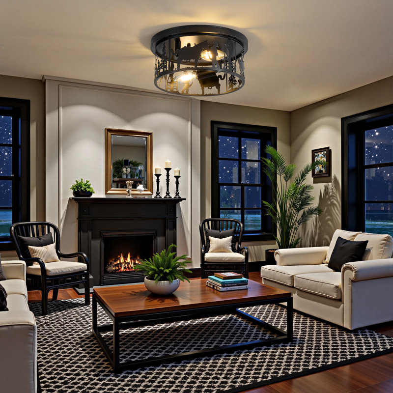 11.2-In 2 - Light Farmhouse Semi Flush Mount With Cowboy Horse Round Shade, Matte Black