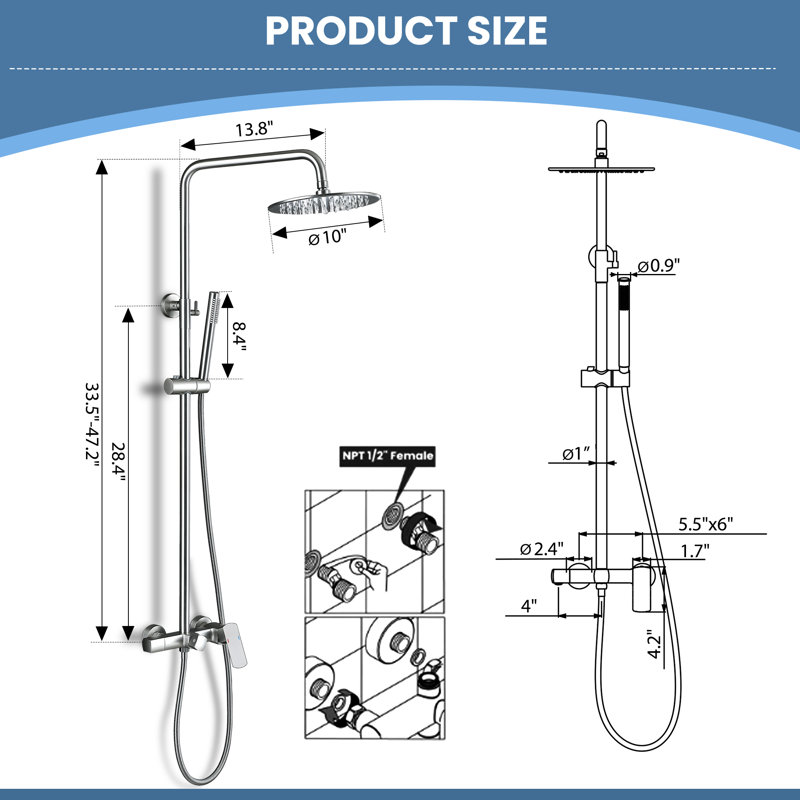 Système de douche mural complet à 3 fonctions avec barre coulissante et bec de baignoire 47 po H 47 po, Nickel brossé