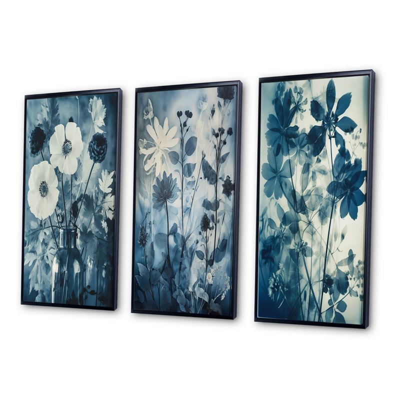 «Blooming Anemones Flowers Blue Vintage Botanical», 3 pièces sur toile, Cadre flottant noir, H 20 po x l 36 po