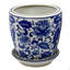Ensemble de 4 pots à fleurs avec soucoupe, imprimé floral bleu rétro, céramique blanche