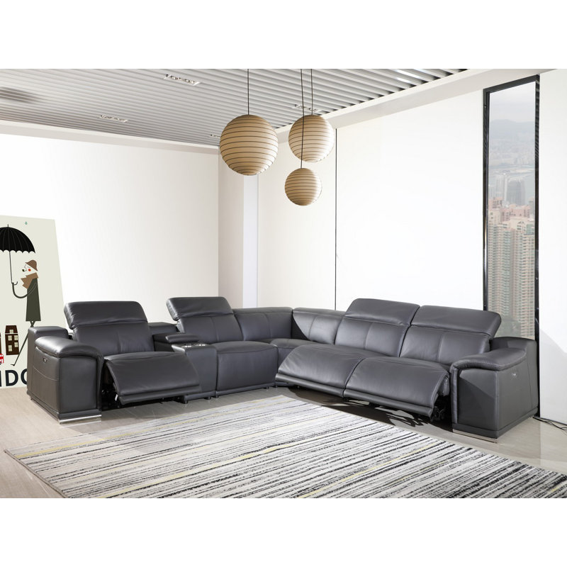 Crasia 123 '' Wide Genuine Top Grain Italian Leather Symmetrical Modular Seating Component, Dark Gray Genuine Leather